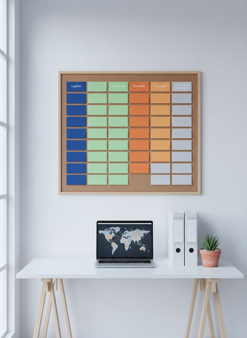 A minimalist volunteer coordination scene: a large corkboard mounted on a white wall, covered with color-coded, text-free cards arranged in tidy columns, symbolizing tasks and initiatives related to humanitarian efforts in the Islamic world. Below, a simple white desk holds an open laptop showing icon-based maps, alongside neatly stacked folders and a small plant in a clay pot. Cool, diffused daylight from a nearby window creates a soft, professional ambiance with mild reflections on the laptop screen. Photographic realism, slightly elevated frontal shot with moderate depth of field, keeping all organizational elements clear. The atmosphere suggests structured, ethical volunteer participation connected to newsworthy events in Eastern regions.
