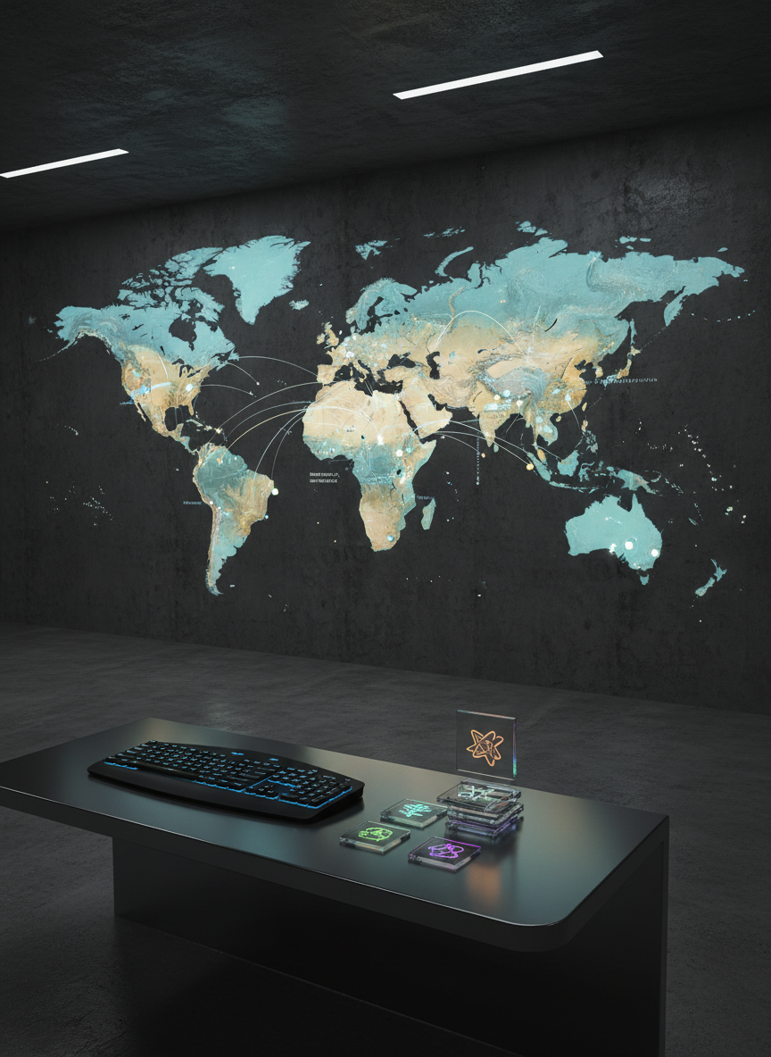 A large interactive world map projected onto a textured dark wall, with highlighted regions representing countries of the Middle East and broader Islamic world in soft azure and gold tones. Discreet circular markers glow gently where key events are clustered, connected by thin luminous lines. In front, a minimalist metal console holds a keyboard and a small stack of translucent acrylic tiles symbolizing different news categories. Subtle overhead lighting combines with the glow of the projection, creating a focused, analytical atmosphere. Photographic realism, shot from a low, slightly off-center angle to emphasize the scale of the map. No people, no readable text, only abstract visual data about current events.