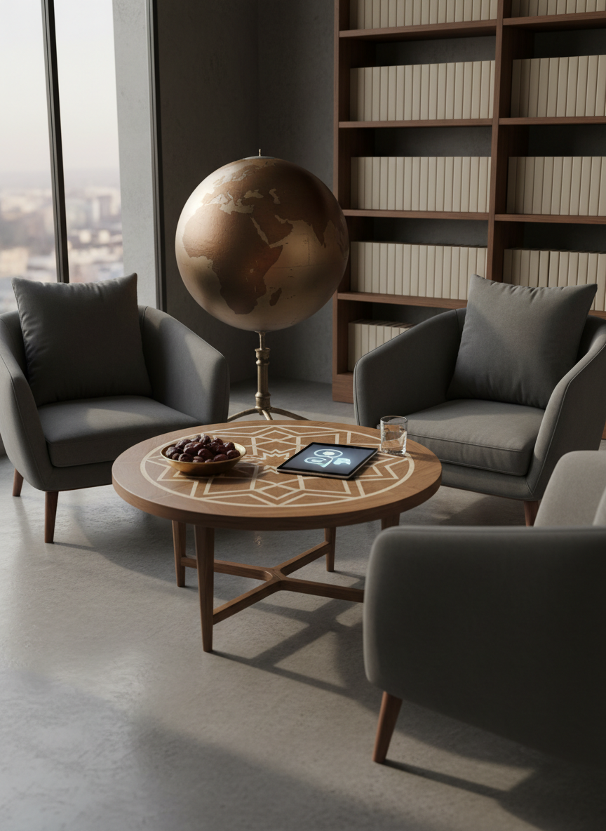 A clean discussion corner in a newsroom-like space, designed without people: two modern armchairs replaced by stylized, empty cushions arranged around a low wooden table with an inlaid geometric pattern. On the table lie a tablet with abstracted comment icons, a small brass bowl of dates, and a simple glass of water. Behind, a shelving unit holds neatly arranged books with blank spines and a globe emphasizing regions of the Islamic world. Soft, diffused evening light enters from the left, creating calm, elongated shadows. Photographic realism, eye-level composition using the rule of thirds. The mood is respectful and contemplative, evoking thoughtful discussion and debate on Islamic news topics.