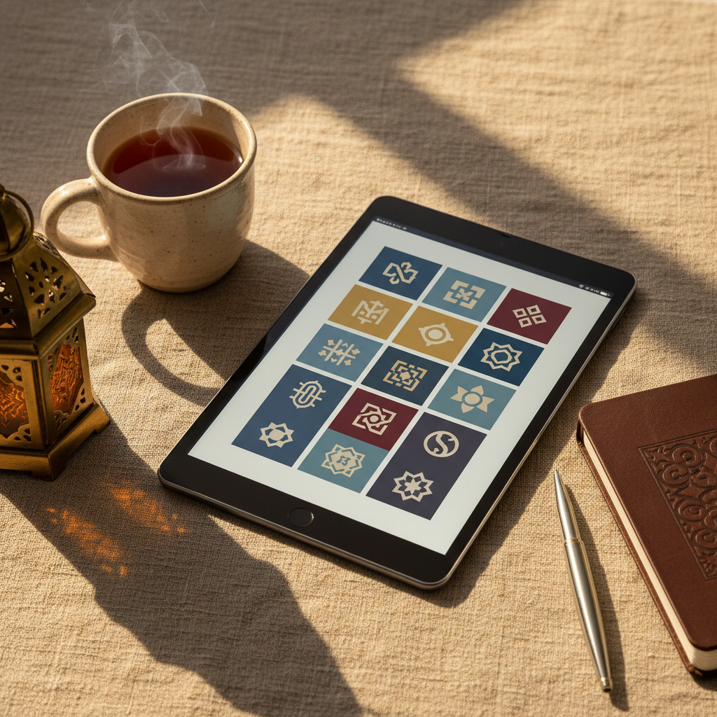 An elegant tablet lying on a textured linen surface, its screen filled with a grid of clean, icon-based news tiles about the Islamic world, using abstract symbols instead of written headlines. Around the tablet are a ceramic cup of tea, a small brass lantern with intricate perforations, and a slim leather notebook embossed with a subtle arabesque pattern. Warm afternoon light falls from the right, casting decorative shadows from the lantern across the scene. Photographic realism, slightly elevated angle with shallow depth of field that keeps the tablet in crisp focus while softly blurring the edges. The mood is thoughtful and intimate, suggesting quiet reading of Islamic news and analysis.