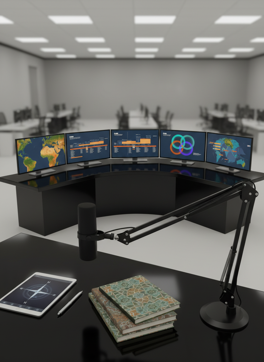 A modern newsroom environment represented through objects only: multiple large monitors arranged in a semicircle on a sleek black console, each displaying simplified, text-free visualizations of news topics from the Islamic world, such as color-coded maps and timeline bars. A microphone on a flexible arm and neatly stacked notebooks with geometric motifs sit in the foreground. Overhead, soft studio lighting creates an even, neutral illumination with gentle reflections on metallic surfaces. Photographic realism, wide-angle shot with deep focus, composed using the rule of thirds. The atmosphere feels busy yet orderly, suggesting timely coverage of events in the East without showing any human figures.